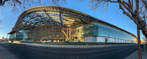 A panoramic view of the grand entry on the south facade of the new West Hall as construction continues on the Phase Two Las Vegas Convention Center District expansion project at the Las Vegas Convention Center on Monday, Jan. 6, 2020. (Mark Damon/Las Vegas News Bureau)
