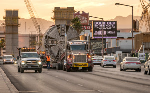 The Boring Machine is removed from the first tunnel exit outside the Las Vegas Convention Center West Hall construction as work on Elon Musk's underground transportation system underground transportation system located beneath the Las Vegas Convention Center campus continues on Tuesday, Feb. 18, 2020. (Mark Damon/Las Vegas News Bureau)