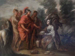 Abigail ofrece regalos a David para aplacar su ira. Anónimo