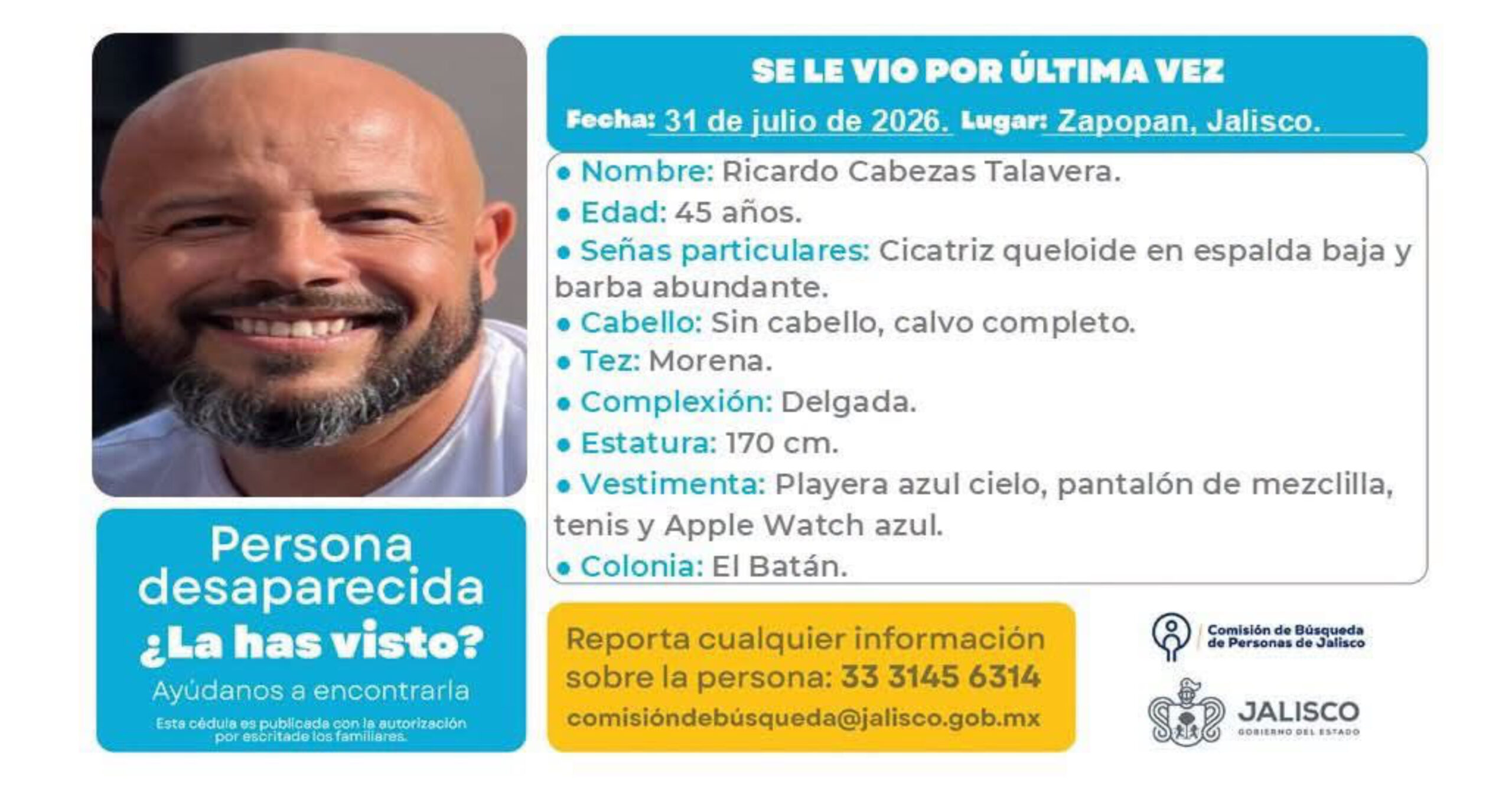 Buscan a Ricardo Cabezas Talavera, empresario inmobiliario desaparecido en Zapopan