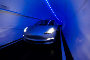 Conceptual rendering of interior view of a Tesla vehicle in The Boring Company People Mover tunnel at the Las Vegas Convention Center, released November 2019. (The Boring Company)