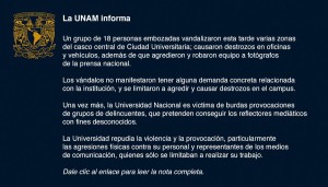 Mensaje de la UNAM tras los destrozos 