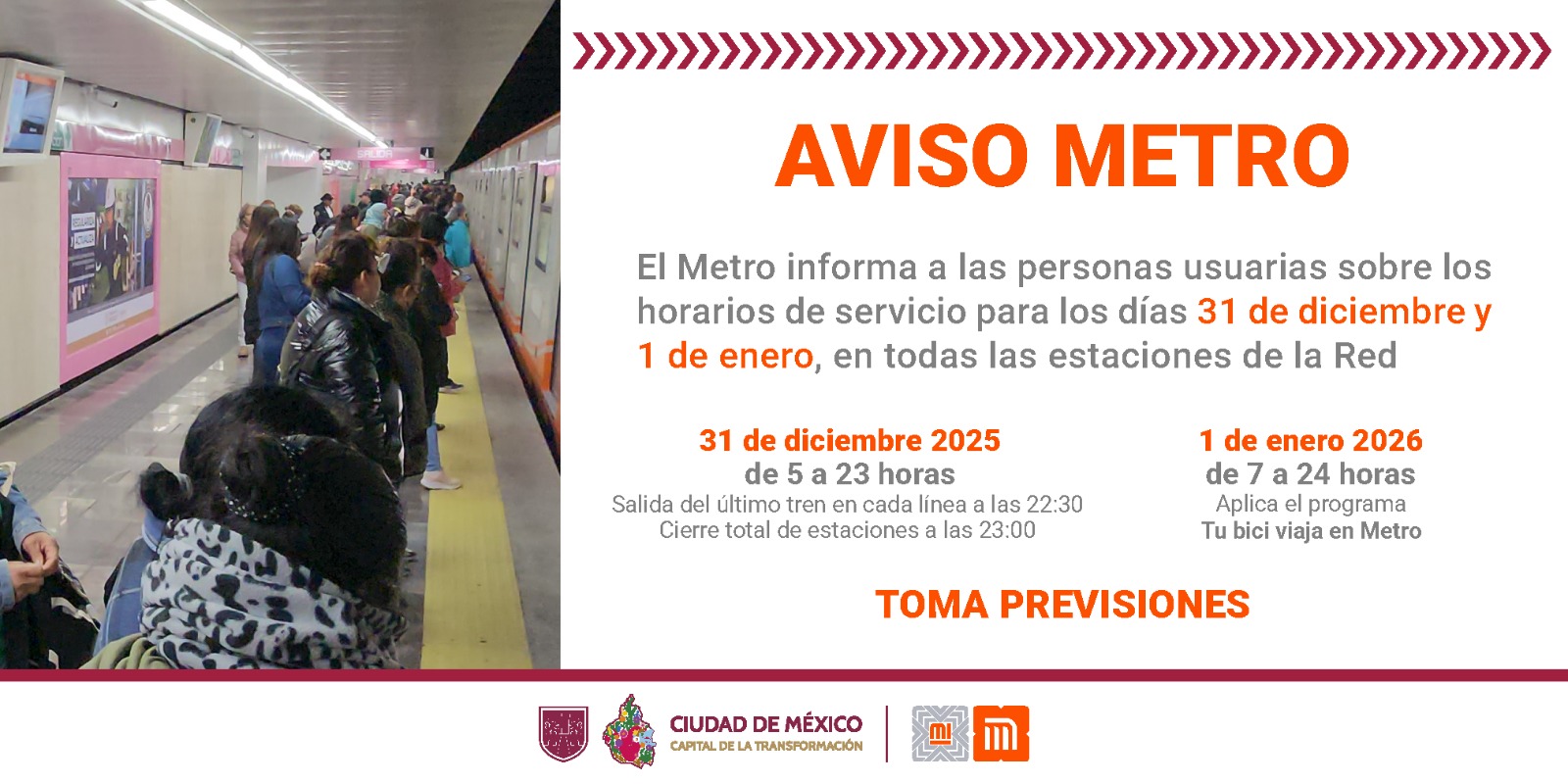 El 31 de diciembre el Metro funciona con horario de dia festivo